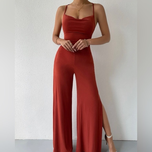 SHEIN Lace Up Tied Backless Wide Leg Jumpsuit - Picture 2 of 5